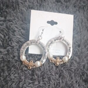 Inspirational Hoop Earrings with Cross and Pearls